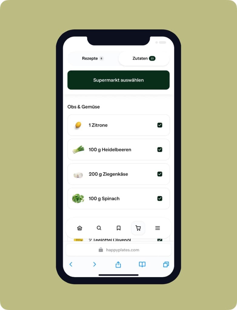 Mobile grocery shopping interface displayed inside a smartphone browser frame.