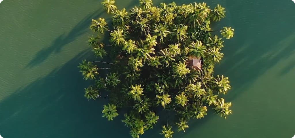 Aerial view of a small tropical island surrounded by green water.