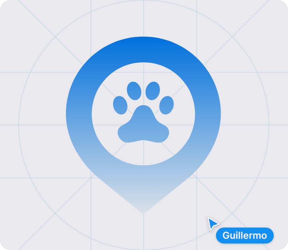 Blue location-pin logo with a paw icon inside and the label Guillermo.